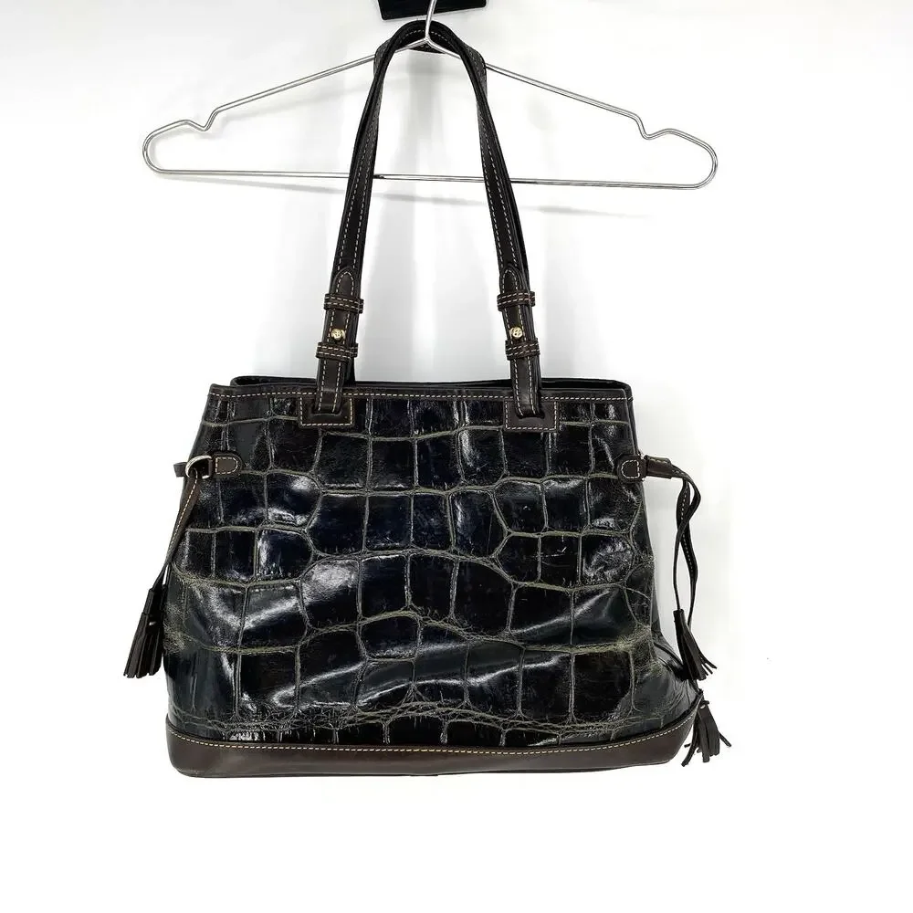 Dooney & Bourke Croco Embossed Leather Tassel Shoulder Tote Bag Brown